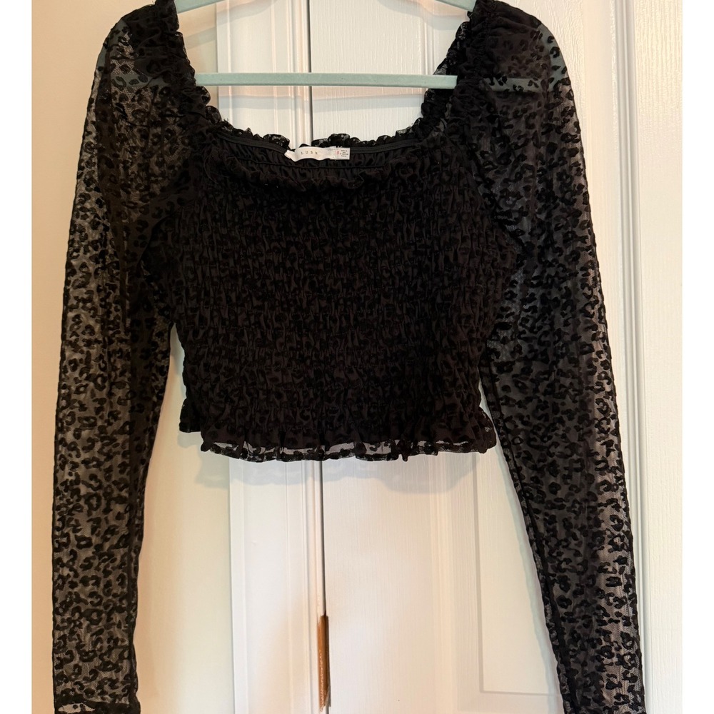 Lush Womens Black Smocked Leopard Mesh Long Sleeve Crop Top Square Neck Small